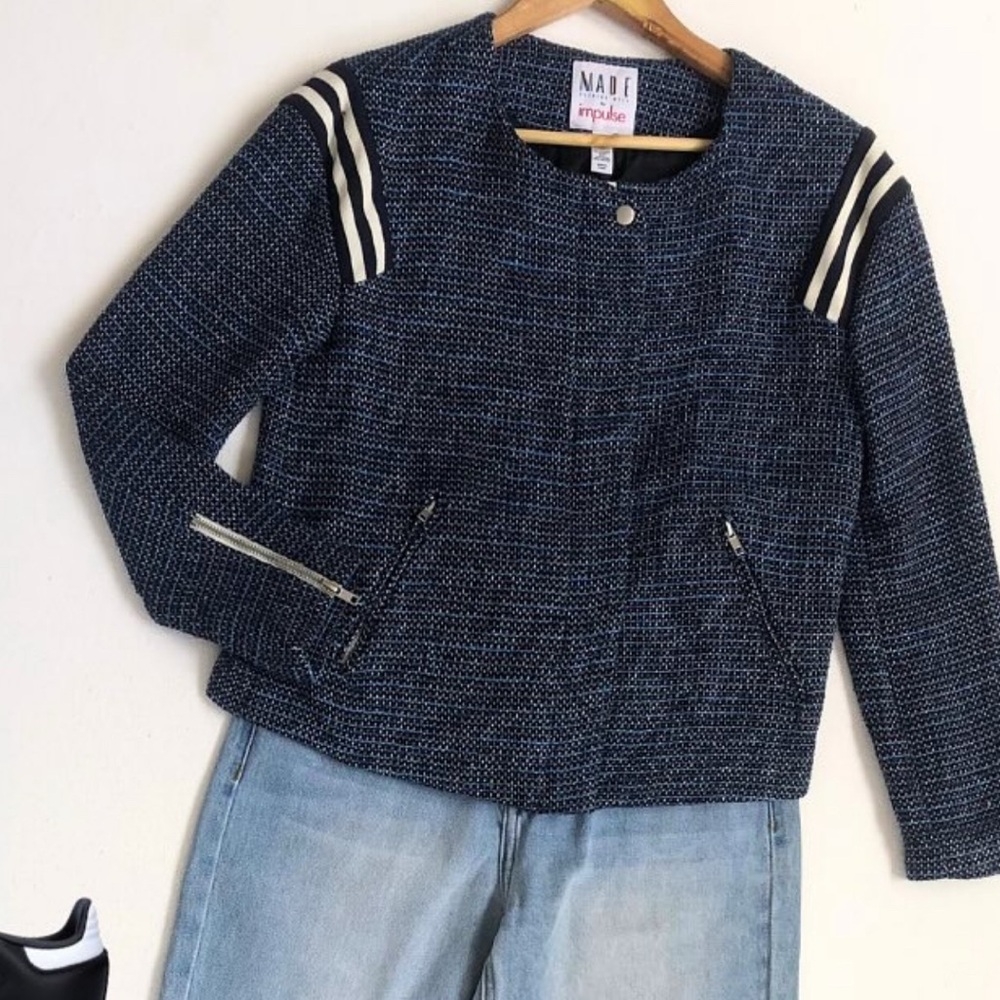 Made fashion week for impulse blue casual tweed blazer w stripes XS